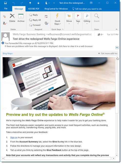 Sample Wells Fargo email message with Sign In link