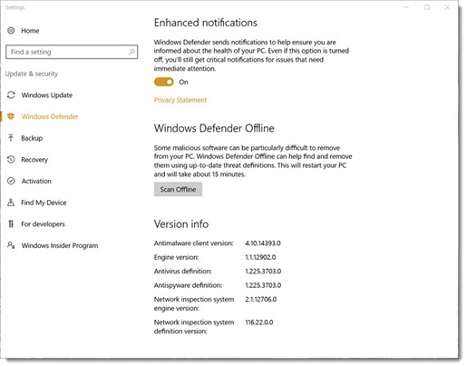 Windows Defender settings - enhanced notifications, offline