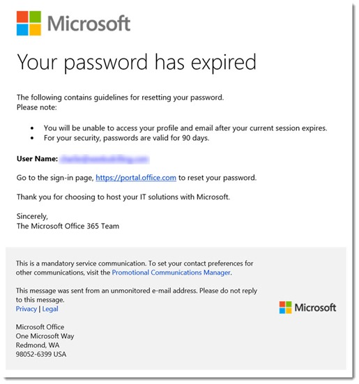 Microsoft Office 365 - purported password expired email