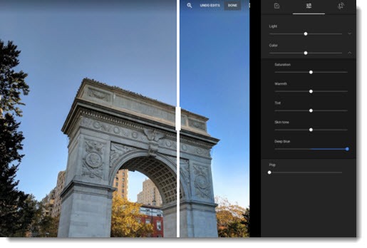 Google Photos editing tools - new Deep Blue slider