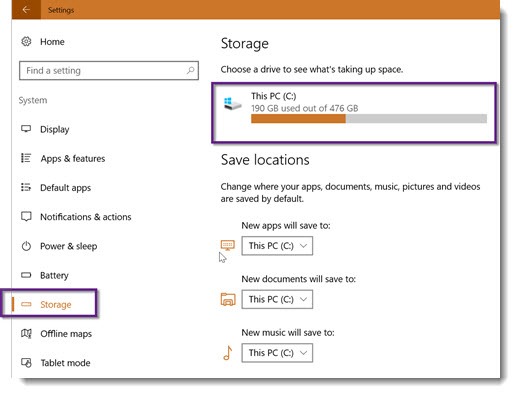 Windows 10 Storage settings