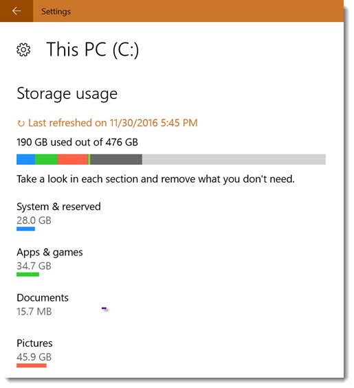 Windows 10 Storage settings - system drive