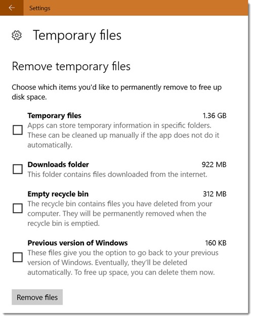 Windows 10 storage settings - temporary files