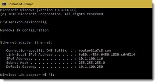 Command prompt - run ipconfig for network details