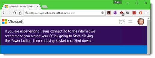 Microsoft support page with banner - restart to fix Internet connection problems