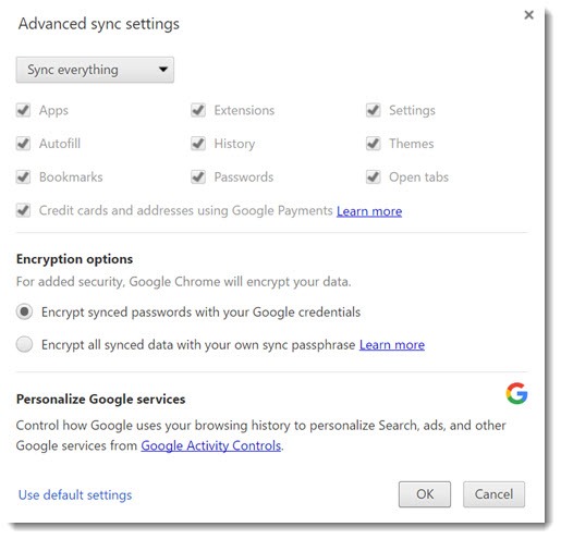 Google Chrome sync settings