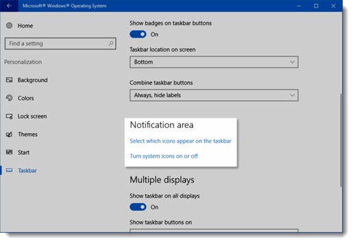 Windows 10 - Notification area in Settings