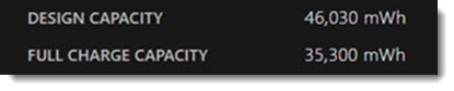 Windows 10 battery report - design capacity vs full charge capacity