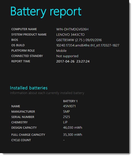 Windows 10 battery report