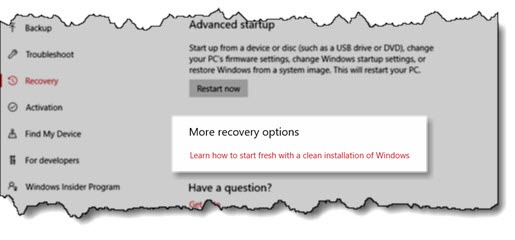 Windows 10 fresh start