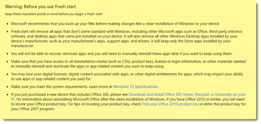 Windows 10 fresh start warning