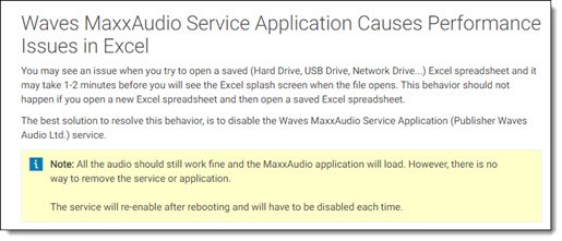 Waves MaxxAudio causes Excel issues