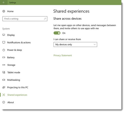 Windows 10 - Shared Experiences settings