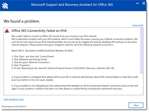 Outlook disconnected - Microsoft troubleshooter recommends disabling IPv6