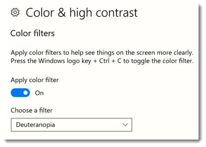 Windows 10 color & high contrast color blindness setting