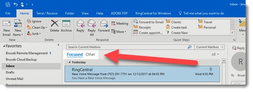 Outlook Focused Inbox tabs