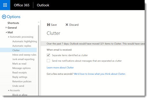 Office 365 webmail - clutter settings
