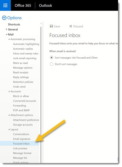 Office 365 webmail - Focused Inbox settings
