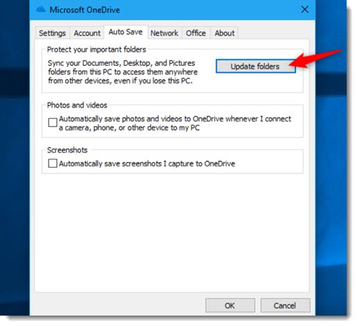 OneDrive - AutoSave update folders button