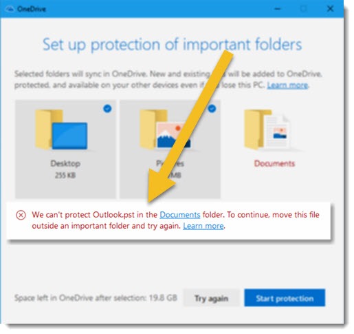 OneDrive folder protection - Outlook .PST error