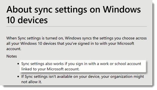 Syncing Microsoft account settings in Windows 10