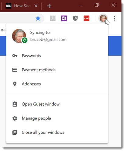 Chrome account menu includes access to passwords