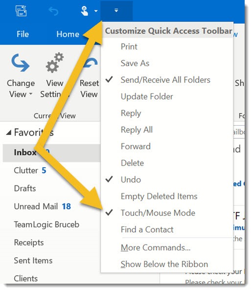 Outlook - customize quick access toolbar