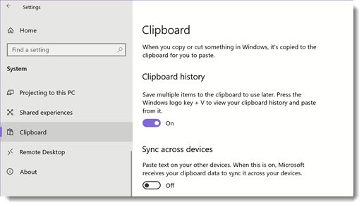 Windows 10 clipboard history - settings