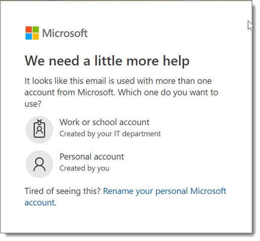 Microsoft account login - choose type of account