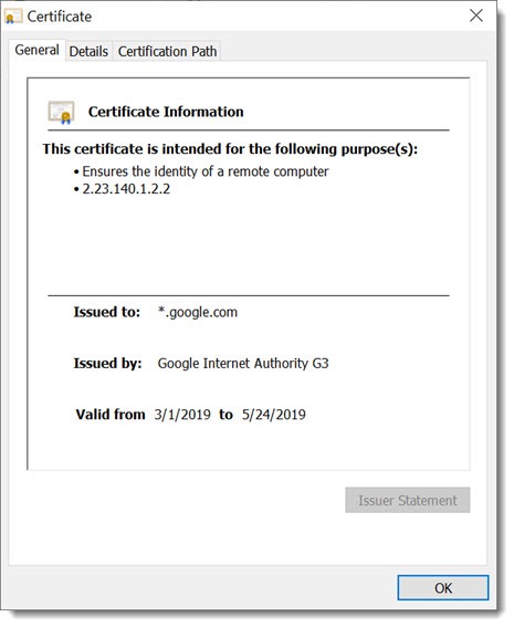 Chrome security certificate info - example Google.com