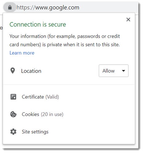 Chrome security information about website