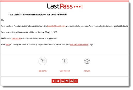 LastPass - email renewal notice