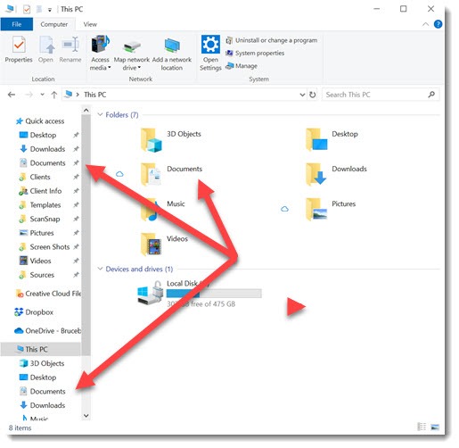 This PC - multiple shortcuts to Documents