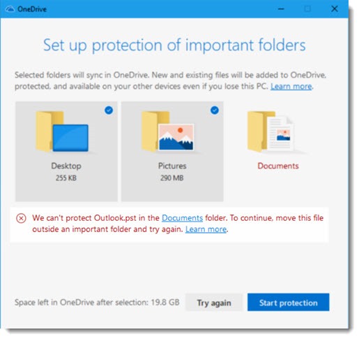 OneDrive folder backup error