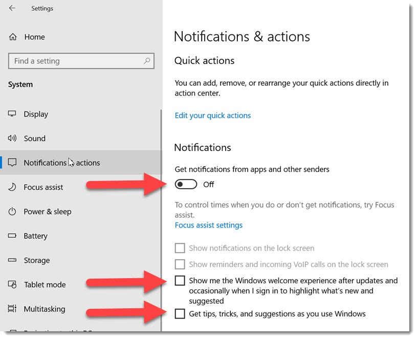 hot to turn off email notifications in windows 10