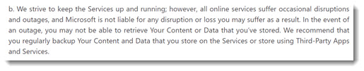 Office 365 - Microsoft terms of service recommend third party backups