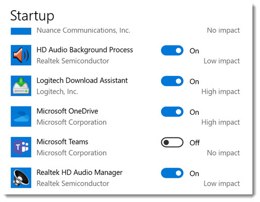 Microsoft Teams - turn off autostart in Windows 10 Settings