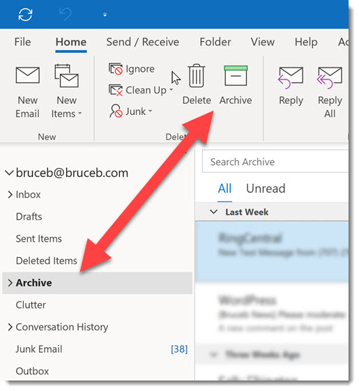 Outlook archive button moves messages to Archive folder