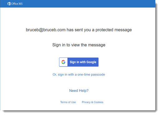 Office 365 message encryption - login page to view encrypted message