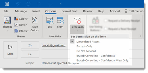 Outlook message encryption - Options / Permission