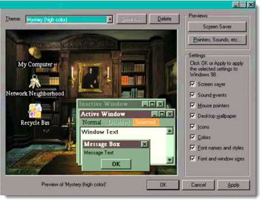 Windows 98 - introduction of themes to customize screen saver, wallpaper, and more
