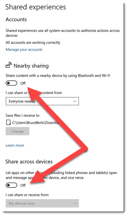 Windows 10 Shared experiences - turn off Nearby Sharing and Share Across Devices