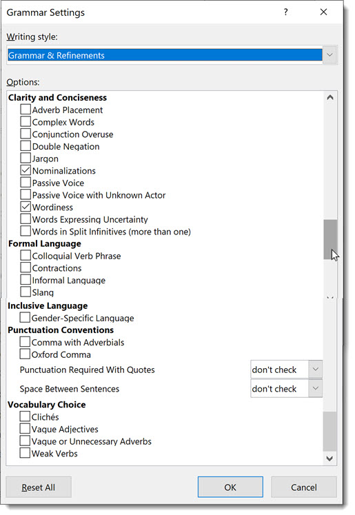 Grammar checking in Microsoft Word - additional options