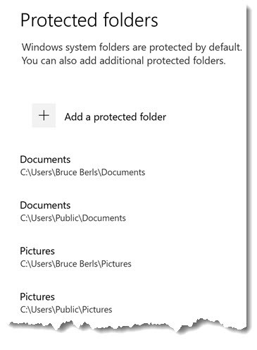Windows Security ransomware protection - protected folders