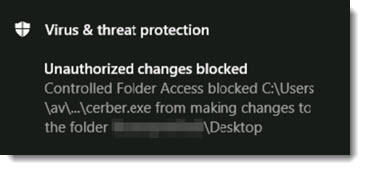 Windows ransomware protection - notification of changes blocked
