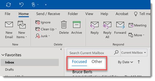 Outlook focused inbox column heading