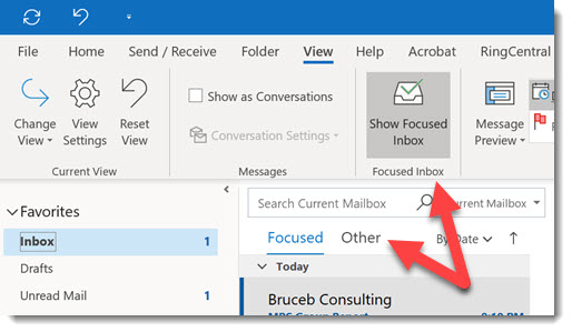 turn off focused inbox outlook app windows 10