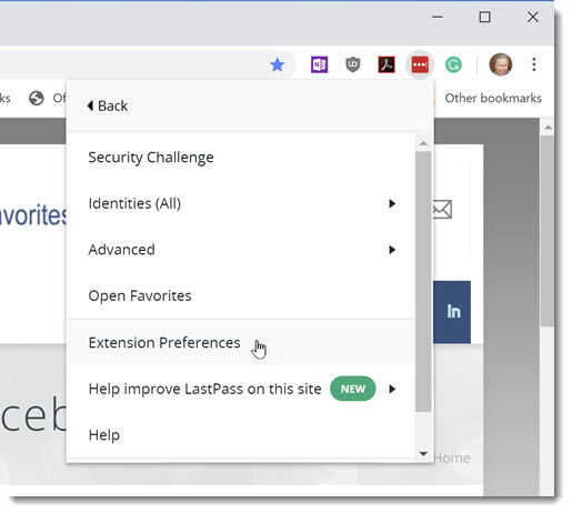 LastPass - Chrome extension settings menu / Extension Preferences