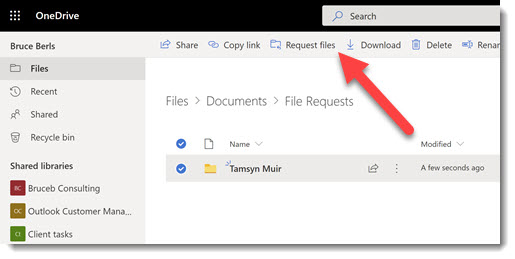 OneDrive for Business file requests - highlight the folder on the web