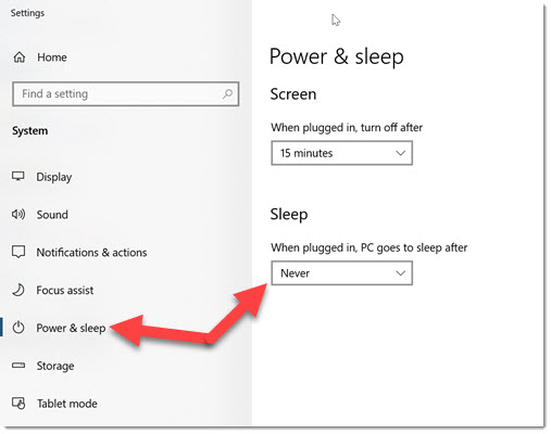 Power settings - set computer never to go to sleep